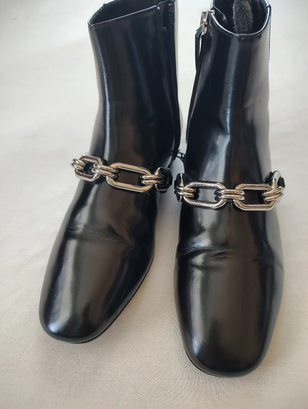 Michael Kors Black Patent Chain-Accent Ankle Boots. Size 37